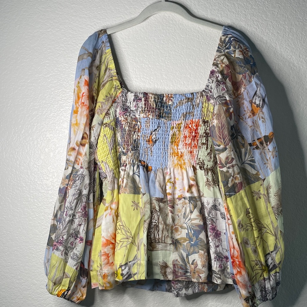 Banana Republic Ramie Floral Bird Twist Front sheer A-line sweetheart neck top L - Picture 11 of 11
